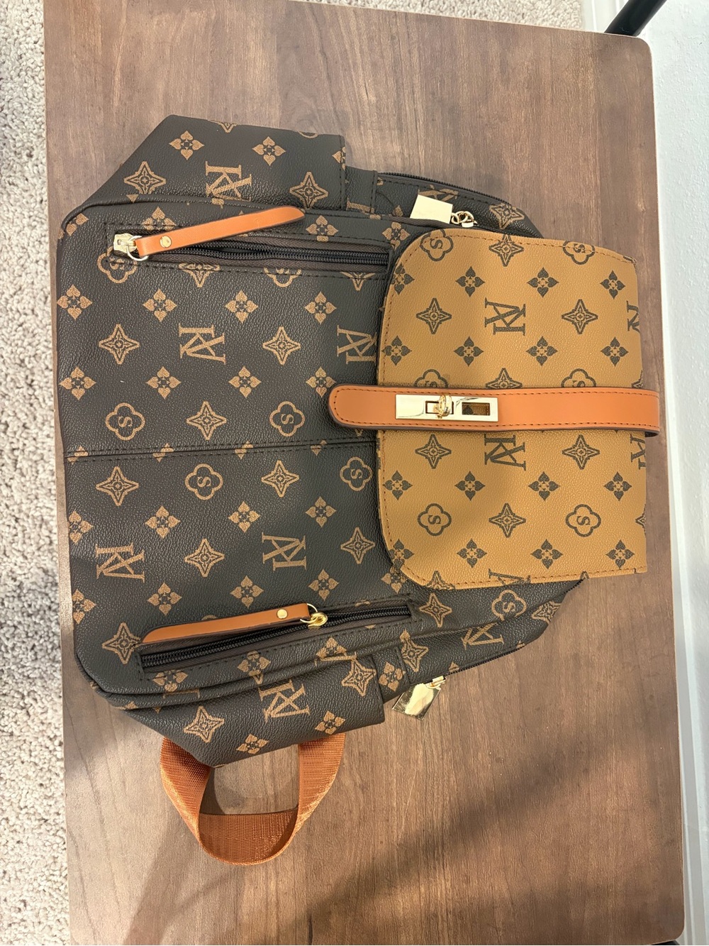 Brown Patterned Women's Backpack Bag with Tan Accent